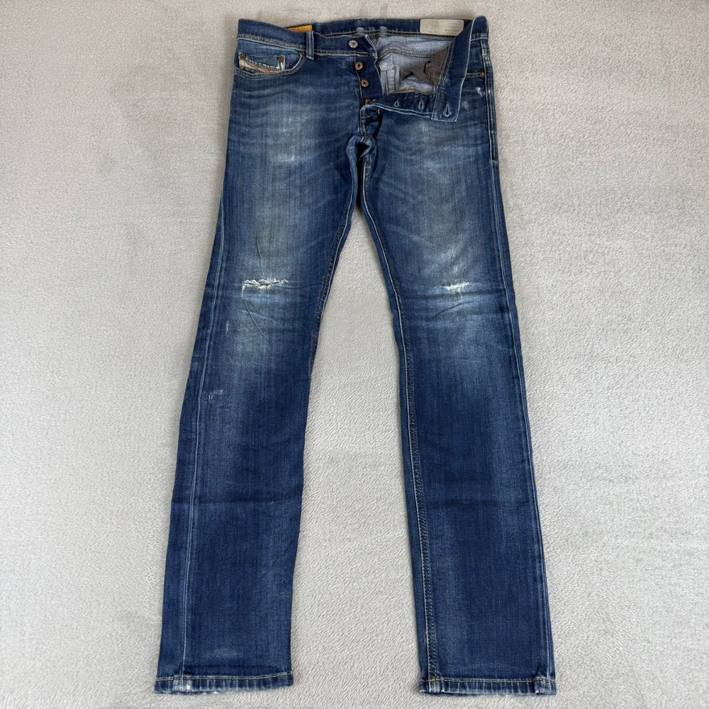 Diesel Tepphar Slim Carrot Jeans Mens 32x34 Blue Button Fly Distressed Stretch
